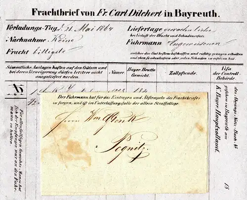 Bayern 1864, vorgedruckter Fuhrmanns Brief v. Bayreuth n. Pegnitz