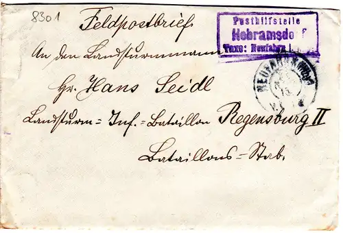 Bayern 1915, Posthilfstelle HEBRAMSDORF Taxe Neufahrn auf Feldpostbrief