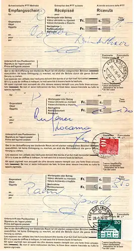 Schweiz, 3 verschieden frankierte Postscheine Recepisse v. Biel Bienne 