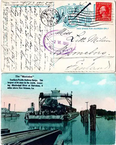 USA, The Mastodon Pacific Railway Barge, 1916 gebr. Eisenbahn Farb-AK