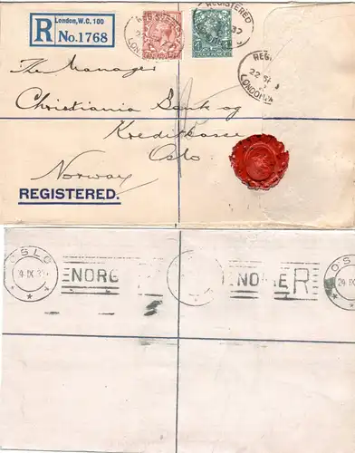 GB 1932, 1 1/2+4d with perfins on registered envelope to Norway