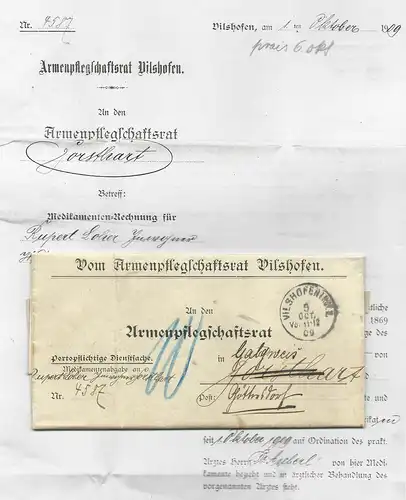 Bayern 1909, K1 Vilshofen i. NBY 2 auf Nachsende Porto Brief n. Galgweis