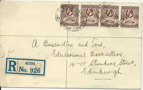 Gold Coast 1937, 4x1d auf Einschreiben Brief v. Accra n. GB