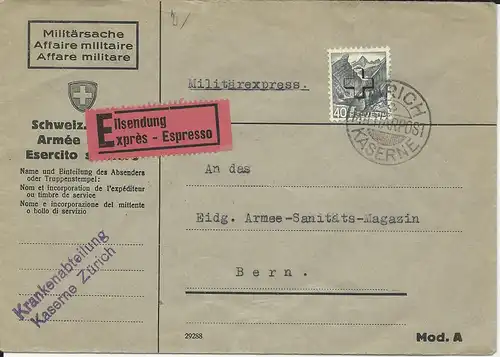 Schweiz 1940, EF 40 C. Kreuz auf Militärpost Eilboten Brief v. Zürich Kaserne
