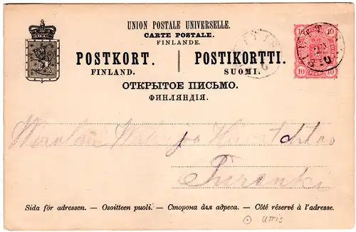 Finnland 1890, Fingerhut Stpl. UTTIS auf 10 P. Ganzsache