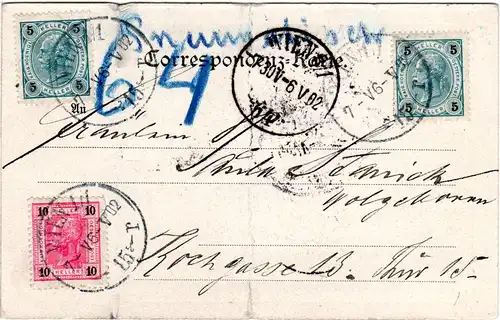 Österreich 1902, 5+5+10 H. auf Rohrpost Karte v. Wien.