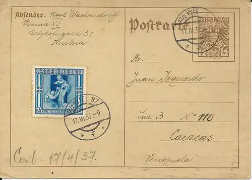 Österreich 1937, 24 Gr. Winterhilfe auf 12 Gr. Ganzsache v. Wien n. Venezuela.