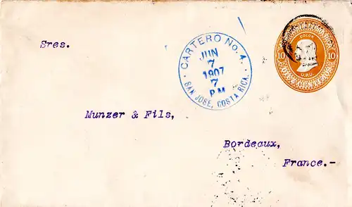 Costa Rica 1907, 10 C. Ganzsache Umschlag m. rücks. Zudruck United Fruit Company