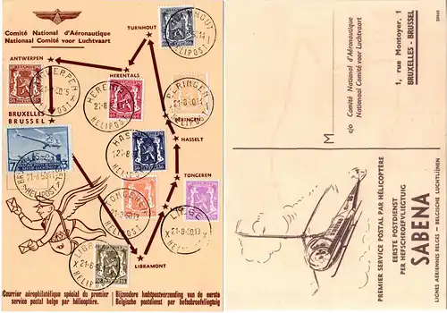 Belgien 1950, Helicopter-Post Flugstrecke, Schmuckblatt m. allen Etappenorten