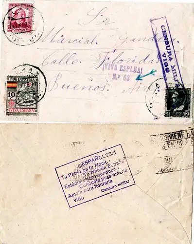 Spanien 1937, 5+25+10 C. Por La Patria auf Zensur Brief v. ALBAN n. Argentinien