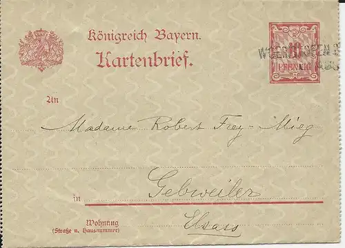 Bayern 1898, Aushilfs L2 Woerishofen auf 10 Pf. Kartenbrief