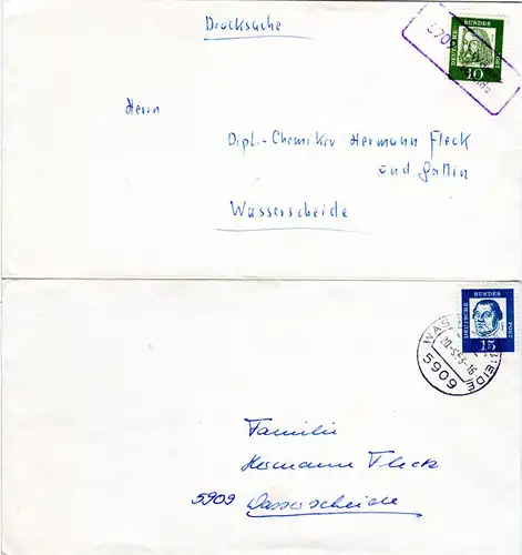 BRD, Landpost Stpl. 5909 WASSERSCHEIDE als Entwerter auf Brief m. 10 Pf. Dürer