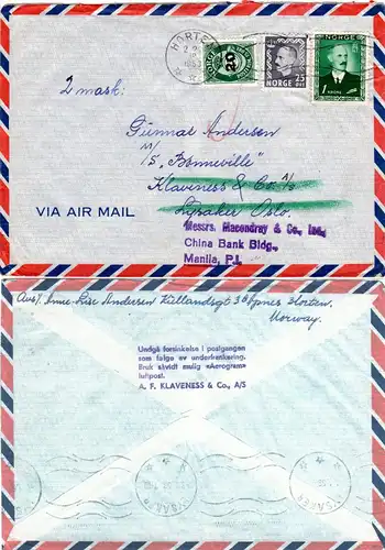 Norwegen 1953, Seemanns Nachsende Luftpost Brief v. Horten n. Philippinen. 