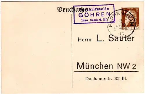 Bayern 1913, Posthilfstelle GÖHREN Taxe Neudorf auf 3 Pf. Sauter Privatganzsache