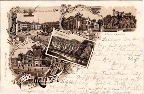 Gruss aus Meiningen, 1897 gebr. Litho-AK m. Post u. Henneberg Haus