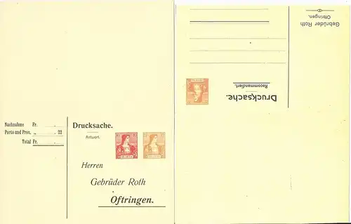 Schweiz, 10+12 u. 12 C., ungeb. Privat Ganzsache Doppelkarte Gebr Roth Oftringen
