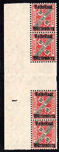 Württemberg D 268 ZS, postfr. 4er-Streifen 40 Pf. m. Zwischensteg u. Bogenrand