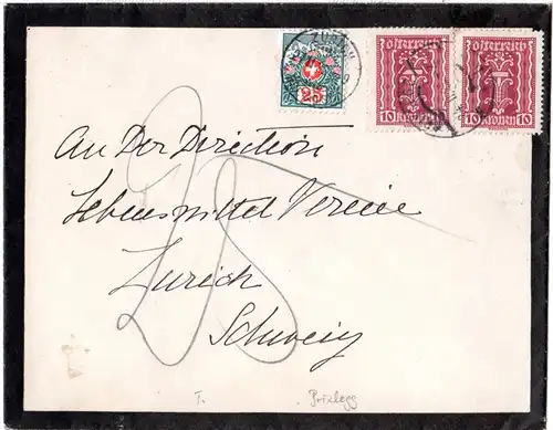 Österreich 1922, 2x10 Kr. auf Trauer Brief v. Brixlegg m. 25 C. Schweiz Porto