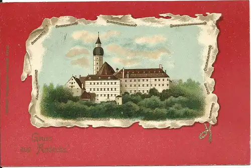 Gruss aus Andechs, 1906 gebr. Künstler Farb AK, Stempel ERLING