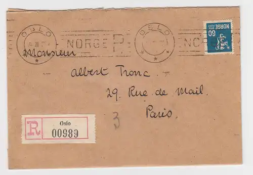 Norwegen 1928, OSLO NORGE R Einschreiben Maschinen Stpl. auf Brief m. 60 öre