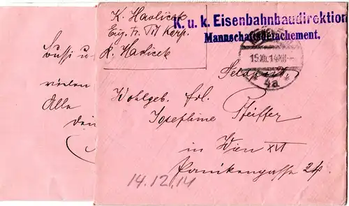 Österreich 1914, Eisenbahn Baudirektion FP-Brief v. Korneuburg m. kpl. Inhalt