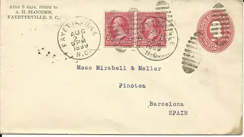USA 1899, pair 2C. on 2 C. stationery envelope from FAYETTEVILLE N.C. to Spain.