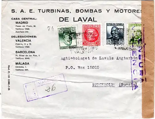 Spanien 1937, 4 Marken auf Einschreiben Zensur Brief v. Valencia n. Schweden