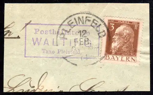 Bayern 1911, Posthilfstelle WALTING Taxe Pleinfeld auf Briefstück m. 3 Pf.