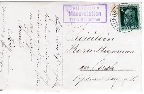 Bayern 1912, Posthilfstelle MAUERSTETTEN Taxe Kaufbeuren auf AK m. 5 Pf. 