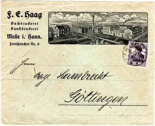 DR 1918, 15 Pf. Germania auf illustriertem Firmen Brief v. Melle