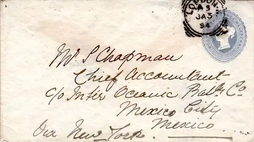 GB 1894, 2 1/2d stationery cover from London to Mexico