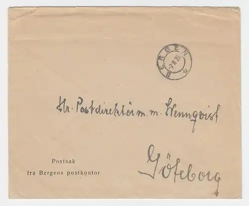 Norwegen 1925, Postsache Brief v. Bergen n. Schweden. Portofrei!