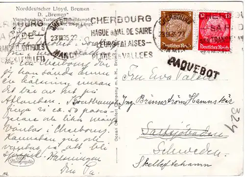 DR 1935, 3+12 Pf auf Schiffspost Karte m. Frankreich PAQUEBOT u. Stpl. Cherbourg