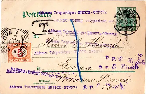 DR 1903, unterfrankierte 5 Pf. Ganzsache v. Hamburg m. Italien Portomarke