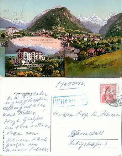 Schweiz, Wilderswil m. Hotel Schönbühl, 1910 gebr. Farb-AK m. blauem Rahmenstpl.