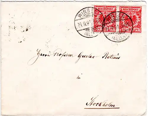 DR 1891, Paar 10 Pf. auf Brief v. Winsen Aller n. Schweden. Rücks. Monogramm