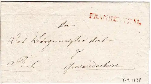 Bayern 1834, gr. roter L1 FRANKENTHAL auf schönem Bief n. Grosniedesheim
