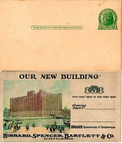 USA, ungebr. 1 C. Ganzsache m. rücks. Abb. Hibbard, Spencer, Bartlett&Co Chicago