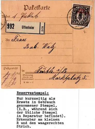 DR 1920, Bayern Reservestempel UFFENHEIM R auf Paketkarte m. 2 1/2 Mk. Abschied