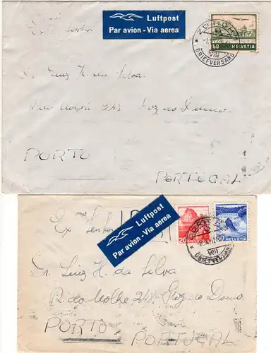 Schweiz 1942, 2 WW II Luftpost Briefe v. Zürich n. Portugal