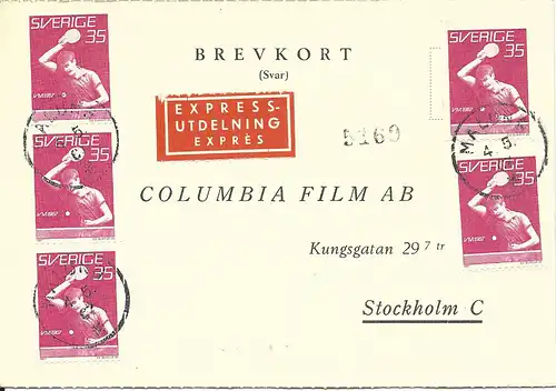 Schweden 1967, MeF 5x35 öre Tischtennis WM auf Express Antwort-Karte 