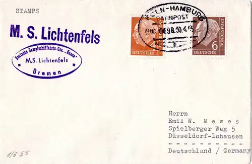 BRD 1955, 4+6 Pf. auf MS Lichtenfels Schiffspost Brief m. Bahnpost abgeleitet