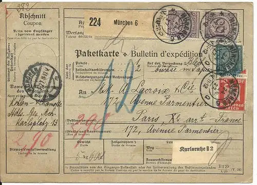 DR 1927, 10+80+2x100 Pf. auf Paketkarte v. München 6 n. Frankreich 