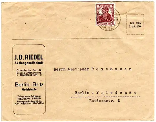 DR 1920, 15 Pf. m. perfin Firmenlochung auf Chemie Fabrik Brief v. Berlin Britz