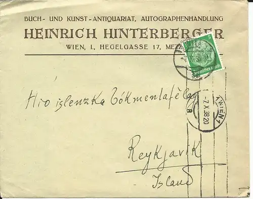 DR 1938, 5 Pf. auf Ostmark Drucksache Brief v. Wien n. Island. Destination!