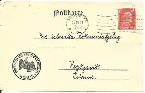 DR 1928, 15 Pf. auf Karte der Preuss. Bibliothek Berlin n. Island. Destination!