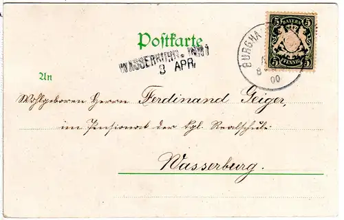 Bayern 1900, L2-Aushilfsstpl. WASSERBURG als Ank.Stpl. auf Karte v. Burghausen