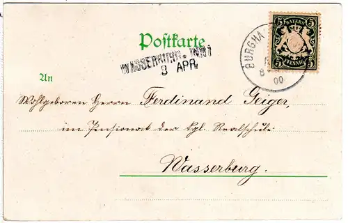 Bayern 1900, L2-Aushilfstpl. WASSERBURG als Ank.Stpl. auf Karte v. Burghausen
