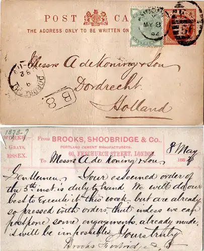 GB 1882, Ganzsache m. Zusatzfr. u. rücks. Zudruck Portland Cement Manufacturers