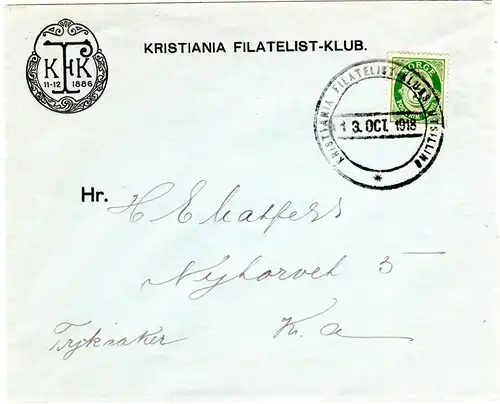 Norwegen 1918, Kristiania Filatelistklubs Utstilling, Brief m. Sonderstempel 